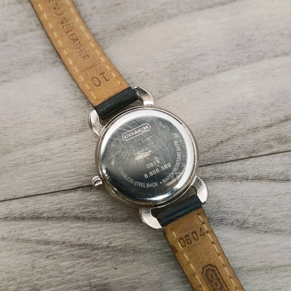 Coach Women's Watch Swiss Silver Genuine Black Leather Strap New Battery Pearl